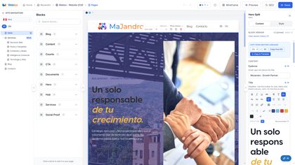 Block-based page builder — pages are assembled from versioned blocks and edited in place, with live preview and copy-and-translate between languages.