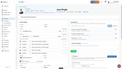 Contact 360° — every note, email, WhatsApp message, meeting and stage change for one person on a single timeline.